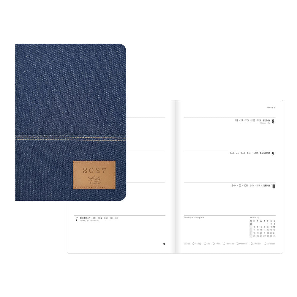 Letts Denim 2027 A5 weekly planner, blue denim cover