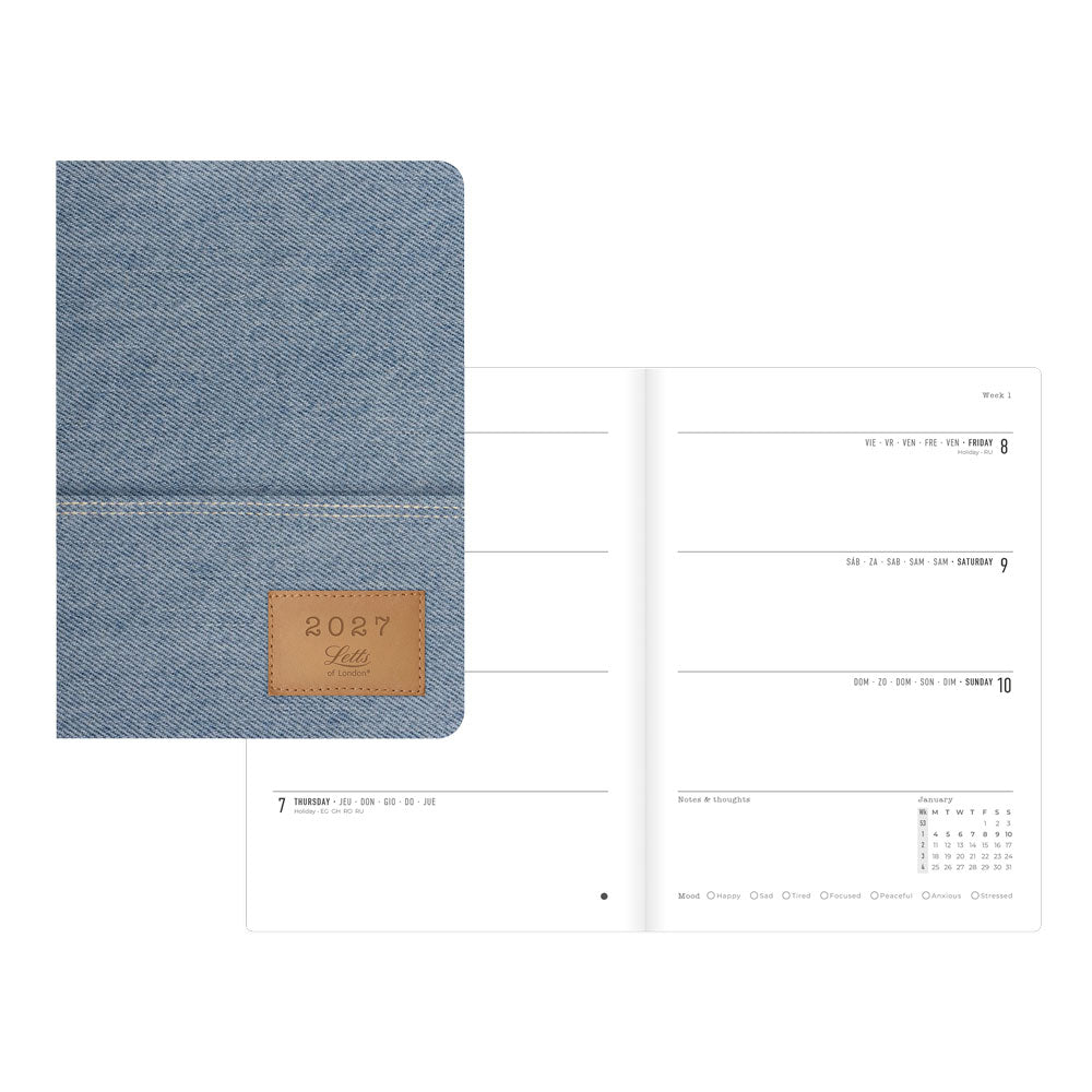 Letts Denim 2027 A5 weekly planner, light wash denim cover