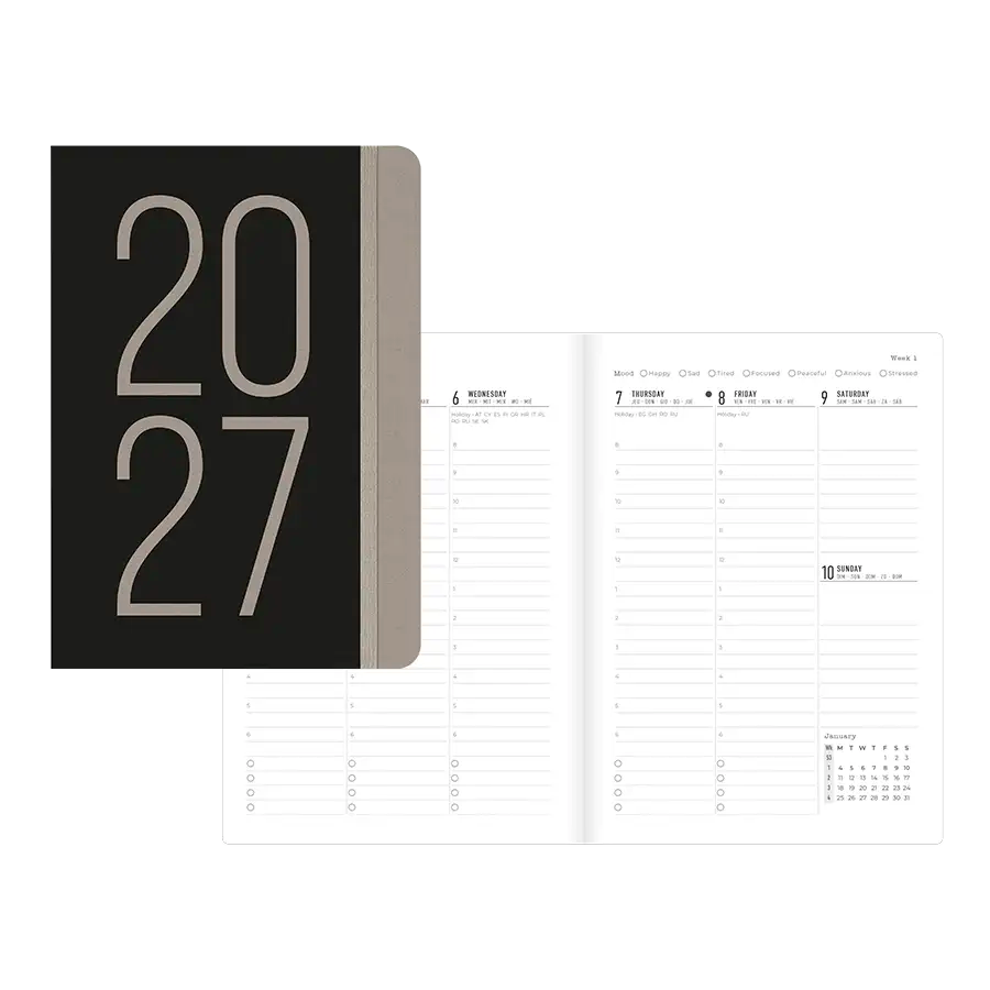 Letts Essence 2027 A5 weekly planner, black recycled cotton cover
