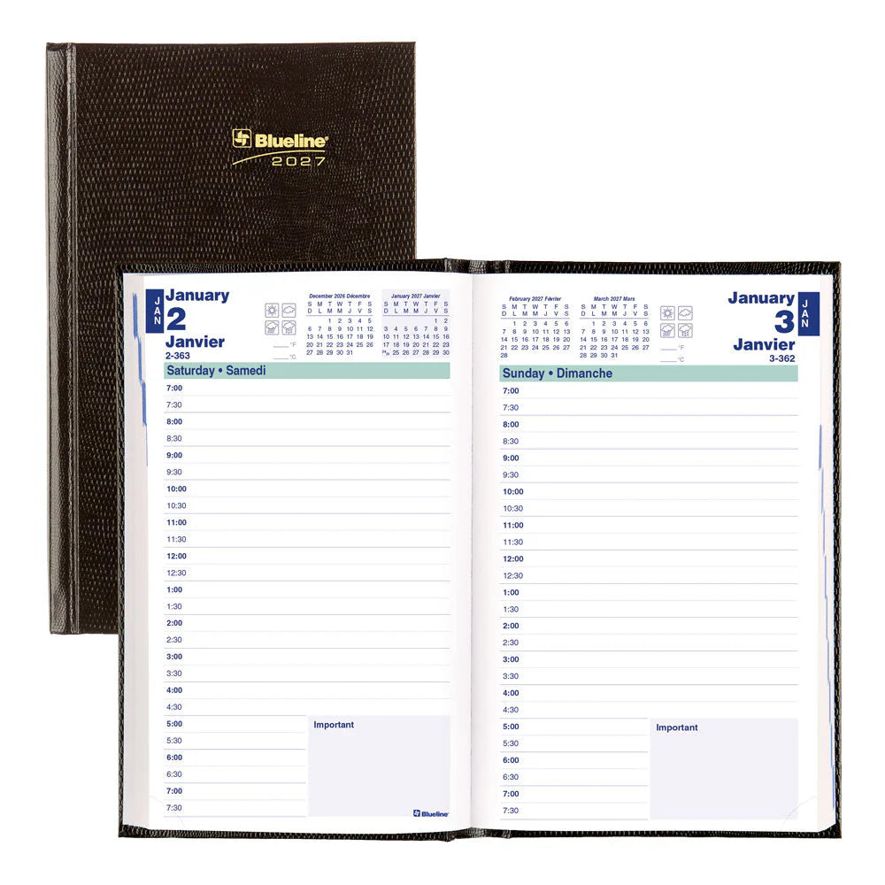 Blueline Traditional Daily Appointment Book 2027 – Black Hard Cover, 8" x 5", Bilingual (BLIC150481B)