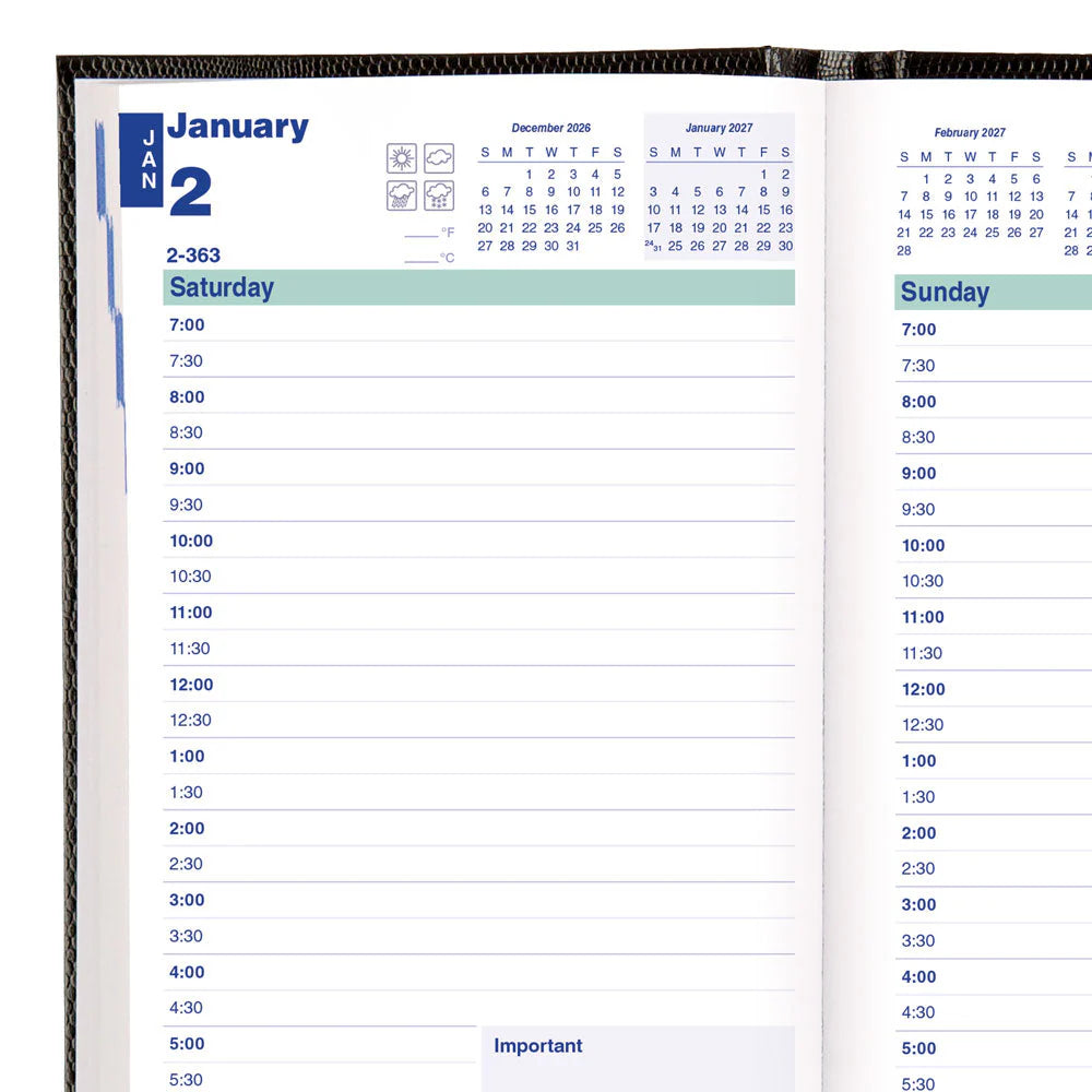 Agenda quotidien Blueline Essential 2026 de 12 mois – Janvier à décembre – 8 po x 5 po – Noir – Anglais