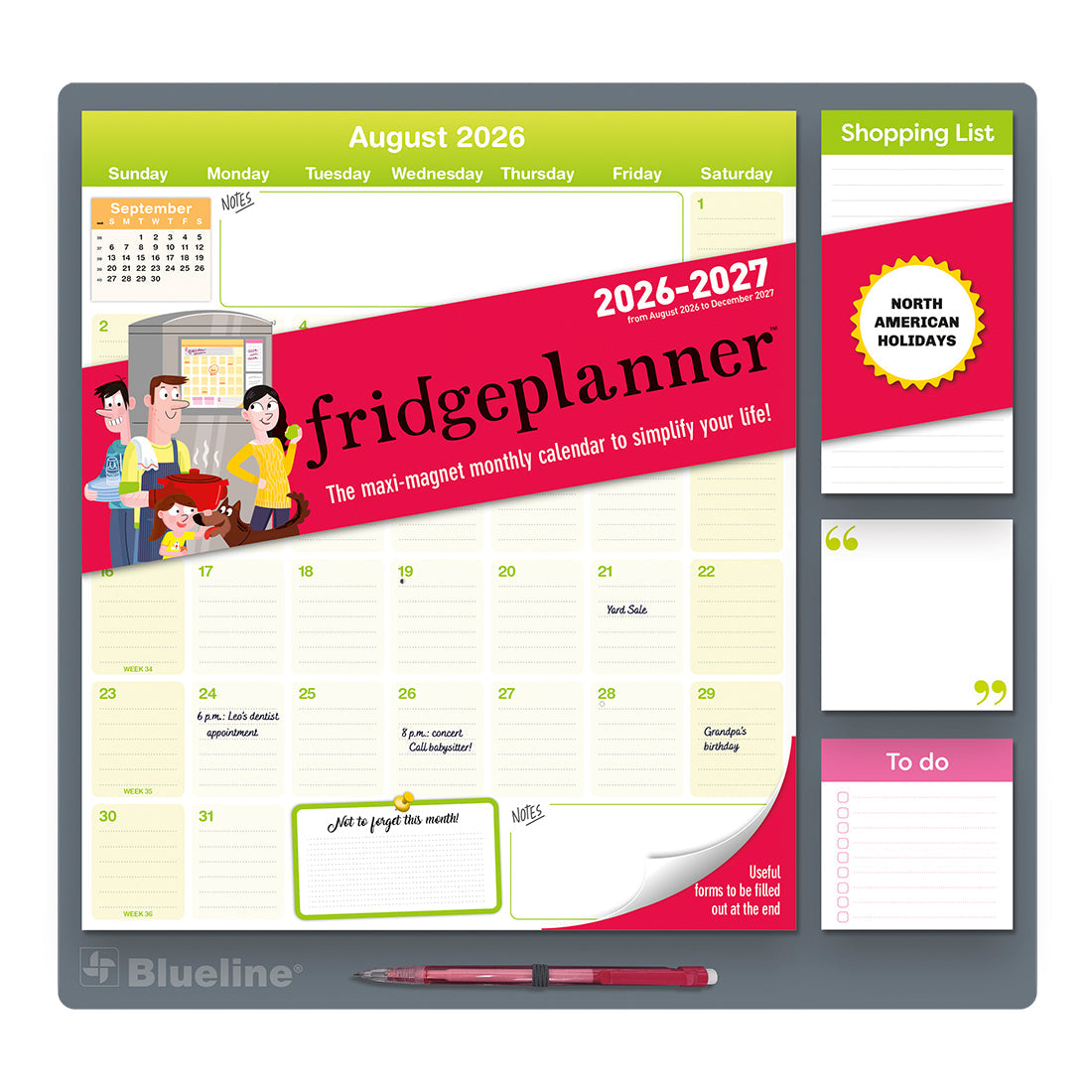 Blueline Fridgeplanner 17-Month Magnetic Calendar Aug 2026–Dec 2027