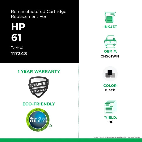 Clover Remanufactured HP61 Black Inkjet Cartridge CH561WN140