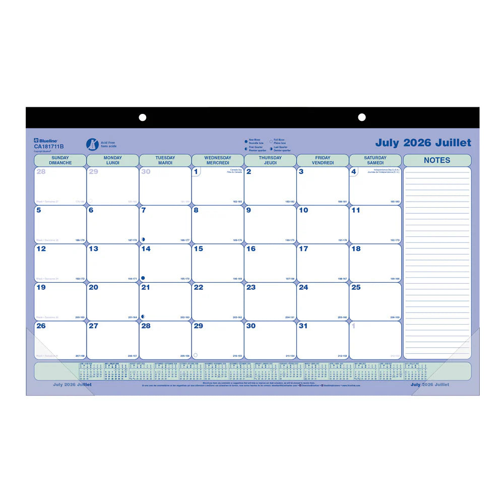 Blueline 13-Month Academic Monthly Desk Pad Bilingual July–July 11"x8½"
