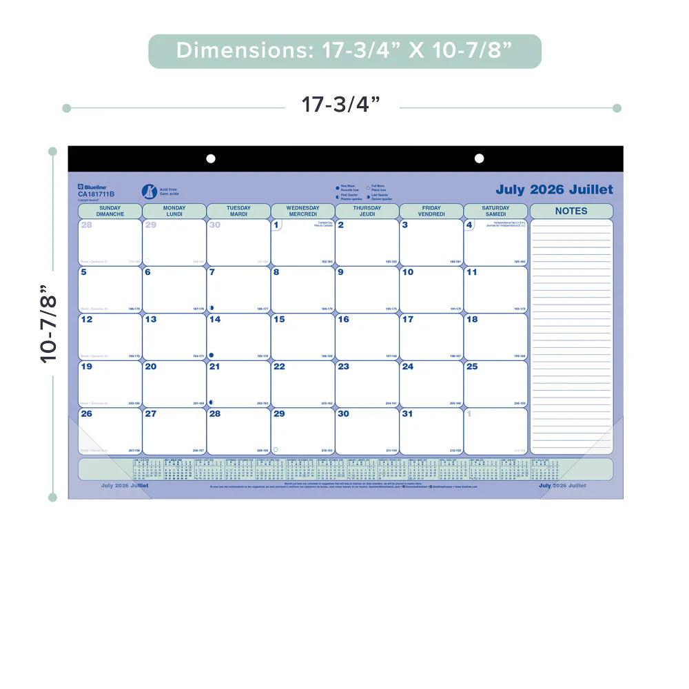 Blueline 13-Month Academic Monthly Desk Pad Bilingual July–July 11"x8½"