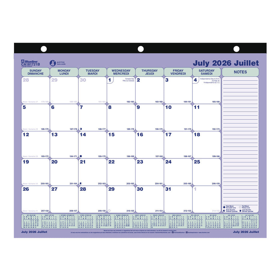 Blueline 13-Month Academic Monthly Desk Pad Bilingual July–July 8½"x11"