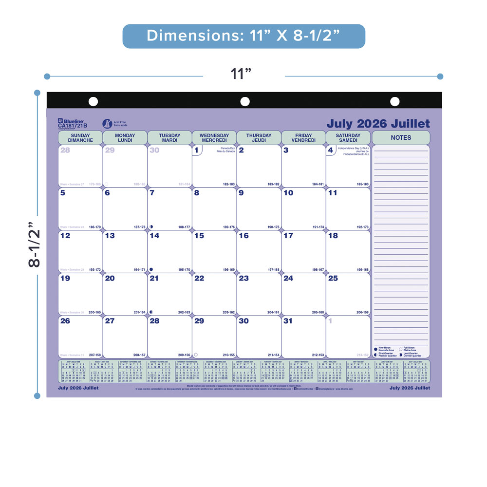 Blueline 13-Month Academic Monthly Desk Pad Bilingual July–July 8½"x11"