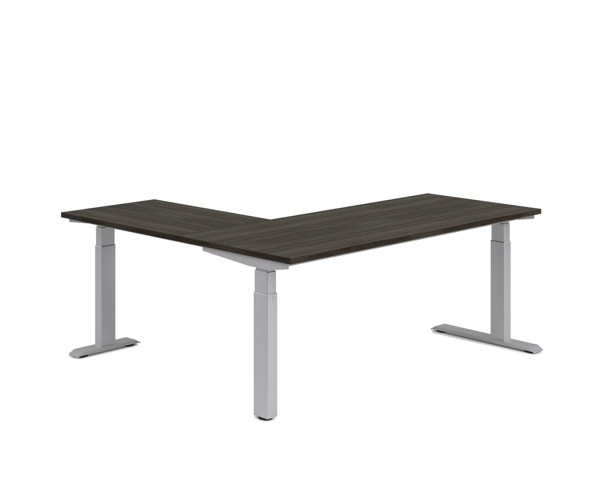 Heartwood Electric Height Adjustable Desk Bases — Calypso, Cleo, Athena, Atlas & Selene – Calypso 3-leg L-shape, Silver