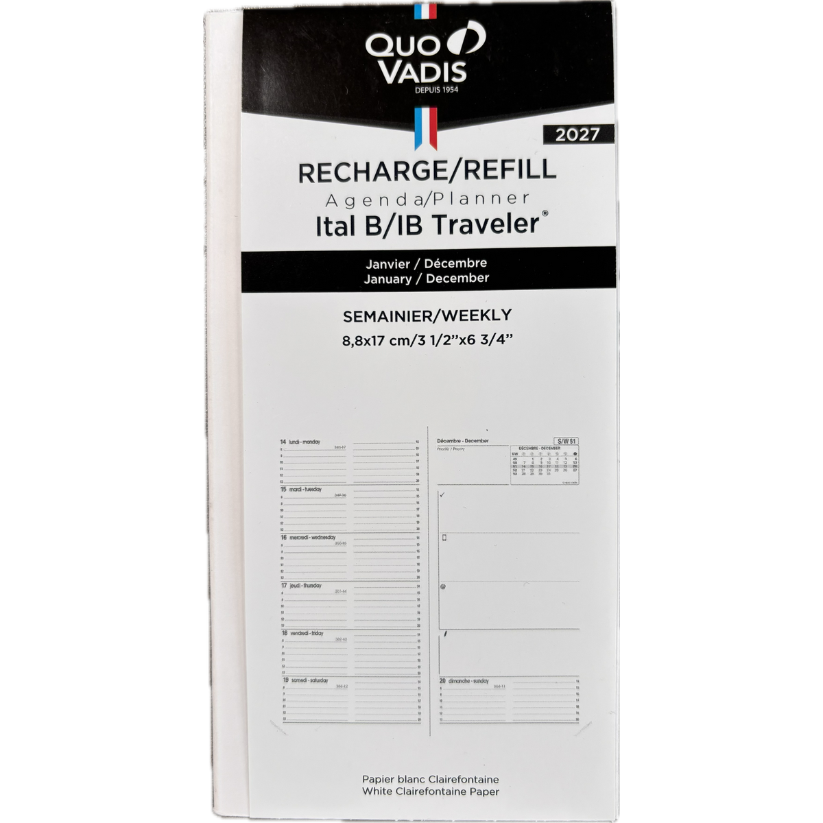 Quo Vadis IB Traveler 2027 weekly planner refill insert