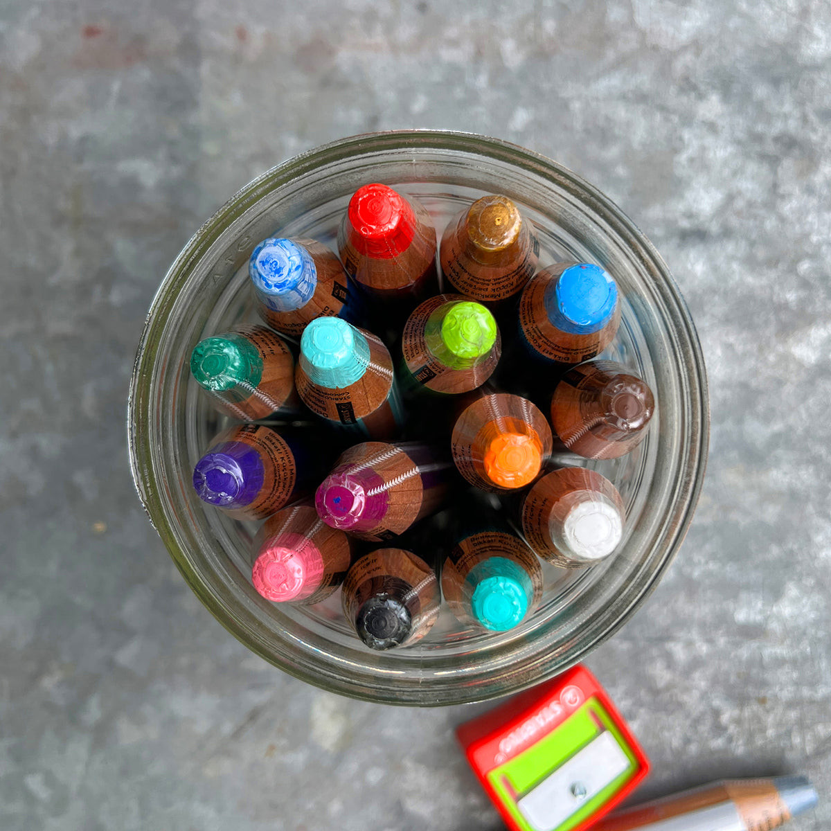 Jar of STABILO woody 3-in-1 watercolour pencils, top view