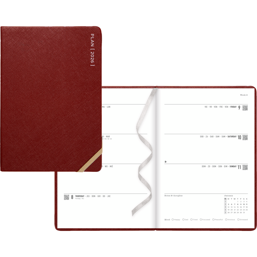 Blueline Serene Weekly/Monthly Planner — 8.25 x 5.875, Burgundy, Multilingual