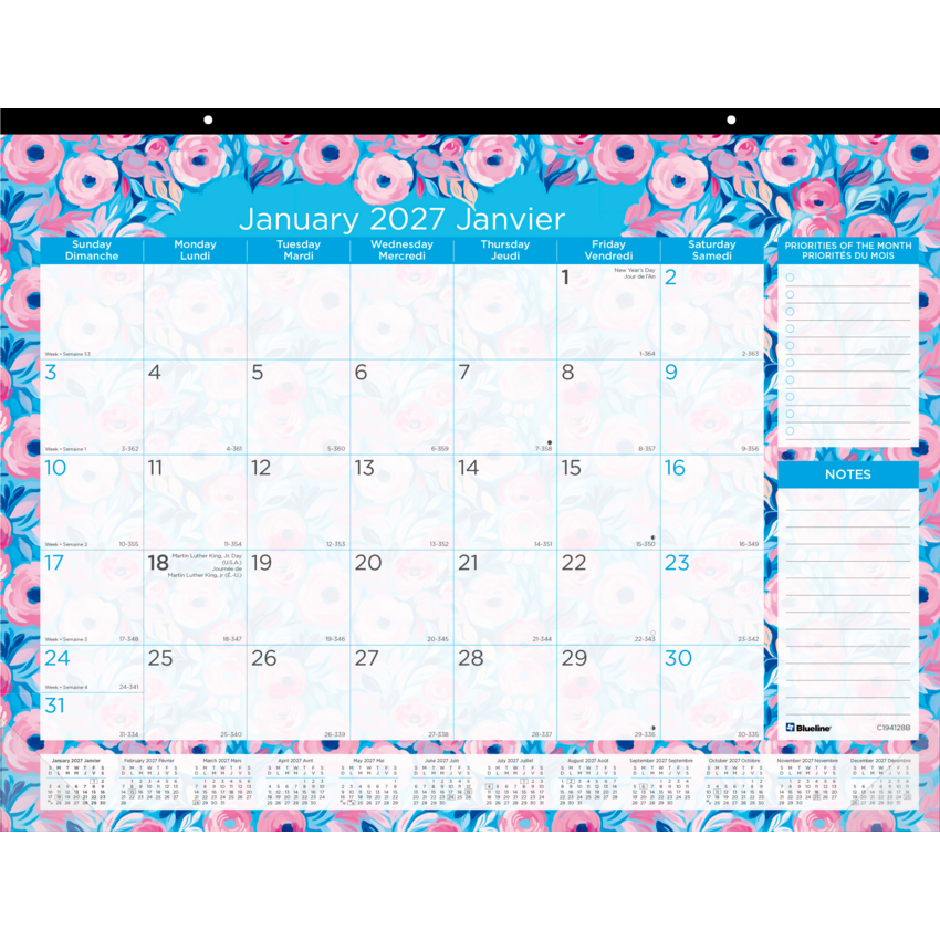 Blueline Monthly Desk Pad Calendar — 22 x 17, Floral, Bilingual