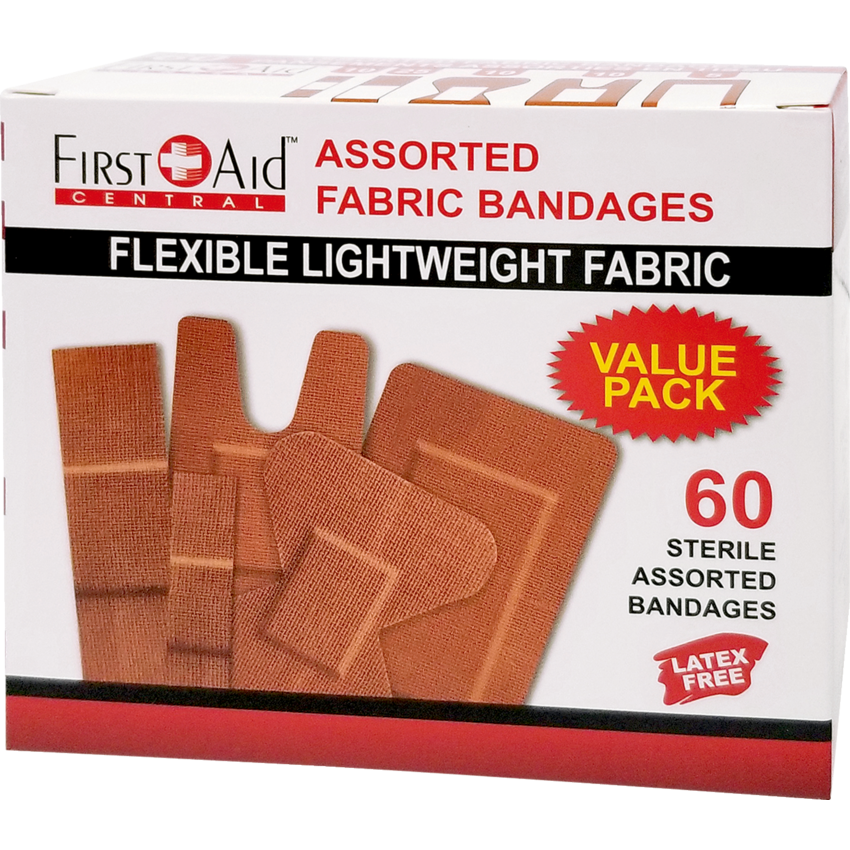 First Aid Central Fabric Adhesive Bandages — Assorted Sizes, 60/Box