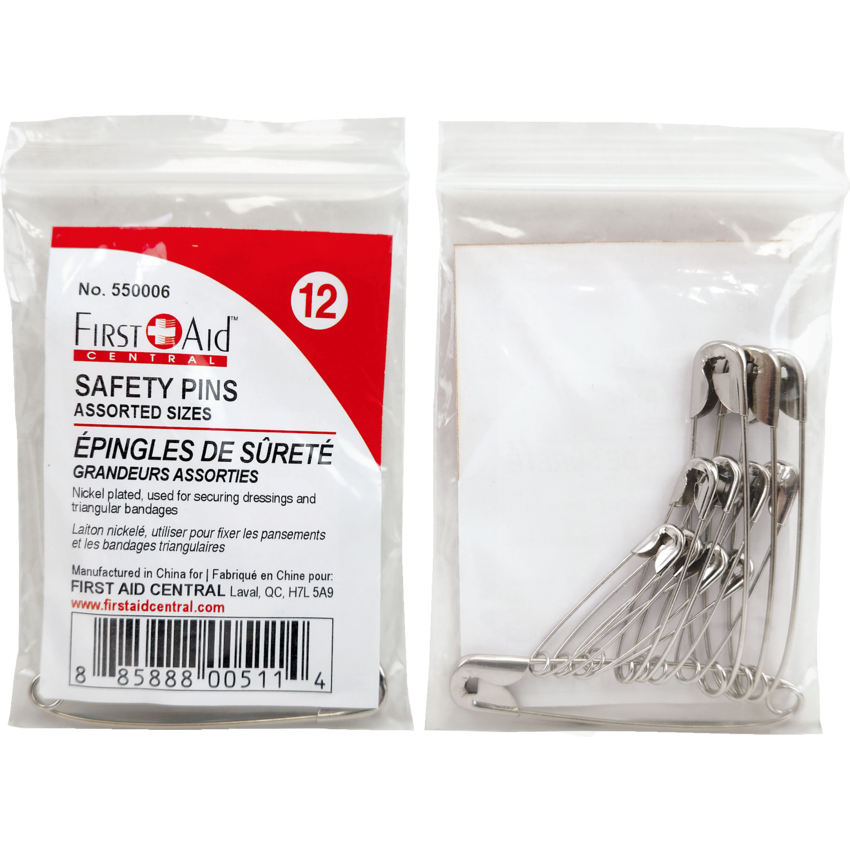 First Aid Central Safety Pins — Assorted Sizes, 12/Pack