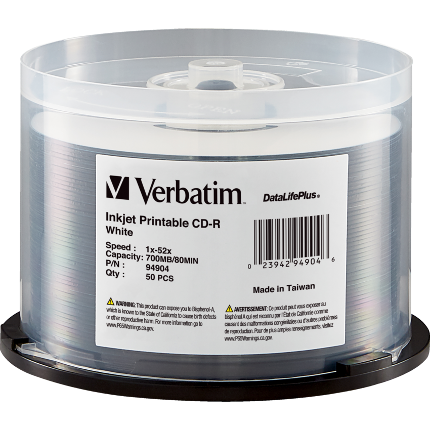 Verbatim DataLifePlus CD-R — 52X, 700MB, Inkjet Printable, 50-Pack Spindle