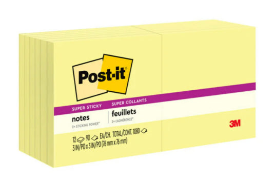 Post-it Super Sticky Notes - 3" x 3" - Canary Yellow - 1080 Sheets - 12 Pack