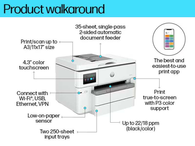 HP OfficeJet Pro 9730e Wide Format Wireless Multifunction Colour Inkjet Printer