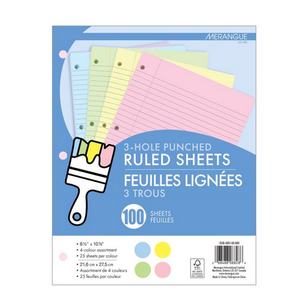 3-Hole Punched Ruled Coloured Sheets