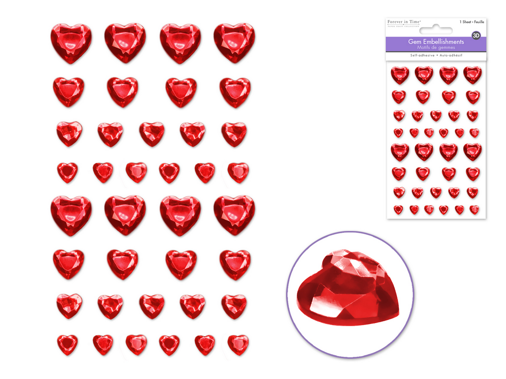 3D Adhesive Gems - Red Hearts