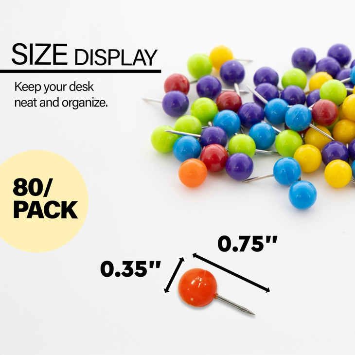 Bazic Map Push Pins – Assorted Colours, 80-Pack