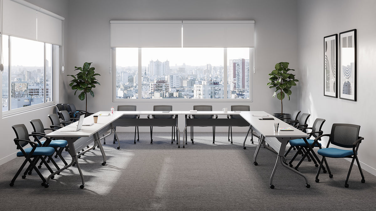 Offices To Go Newland Flip-Top Training Table with Tungsten Legs – in a training room