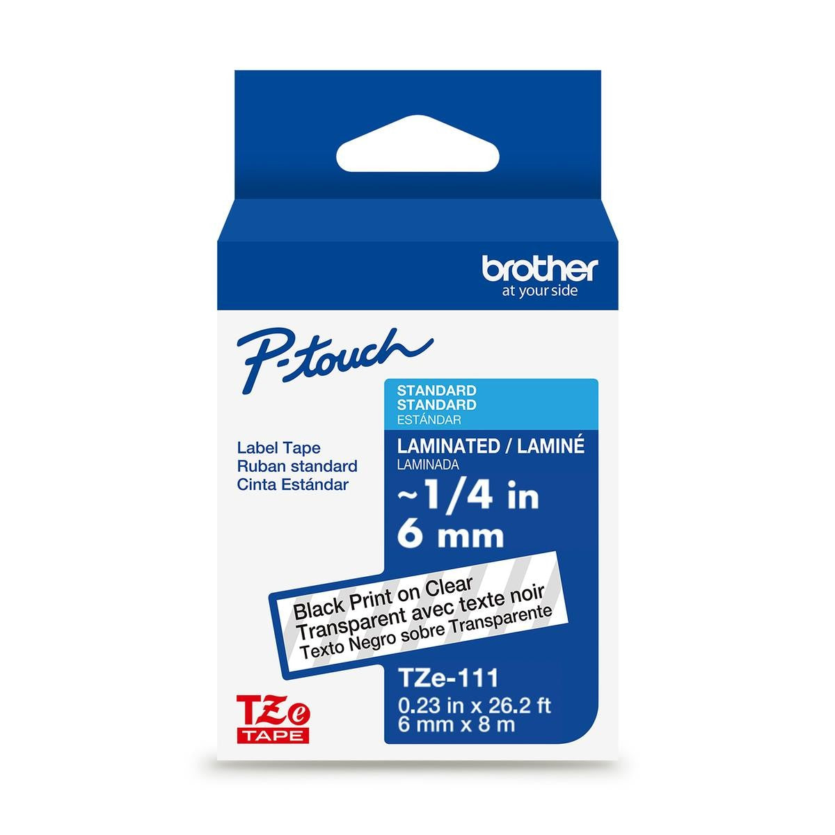 Brother P-touch TZe-111G laminated label tape — 6 mm, Black on Clear
