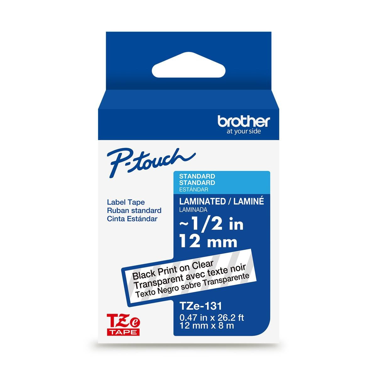 Brother P-touch TZe-131G laminated label tape — 12 mm, Black on Clear