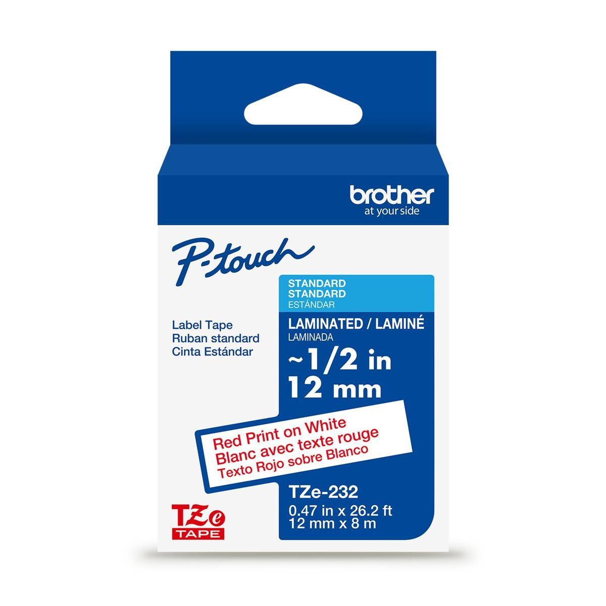 Brother P-touch TZe-232G laminated label tape — 12 mm, Red on White