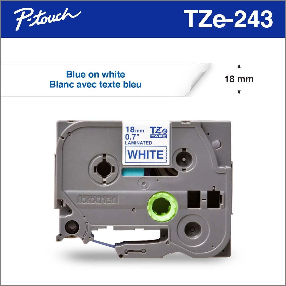 Brother P-touch TZe-243G laminated label tape — 18 mm, Blue on White