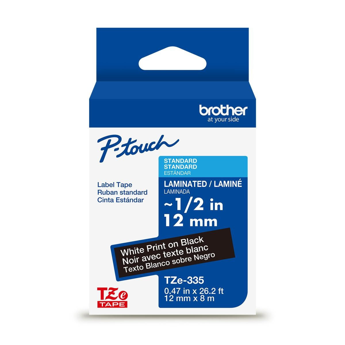 Brother P-touch TZe-335G laminated label tape — 12 mm, White on Black