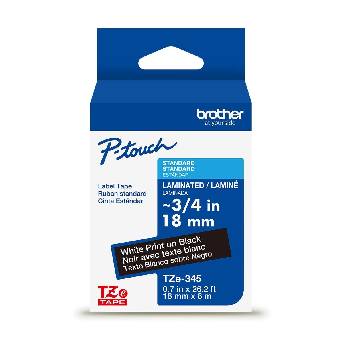 Brother P-touch TZe-345G laminated label tape — 18 mm, White on Black