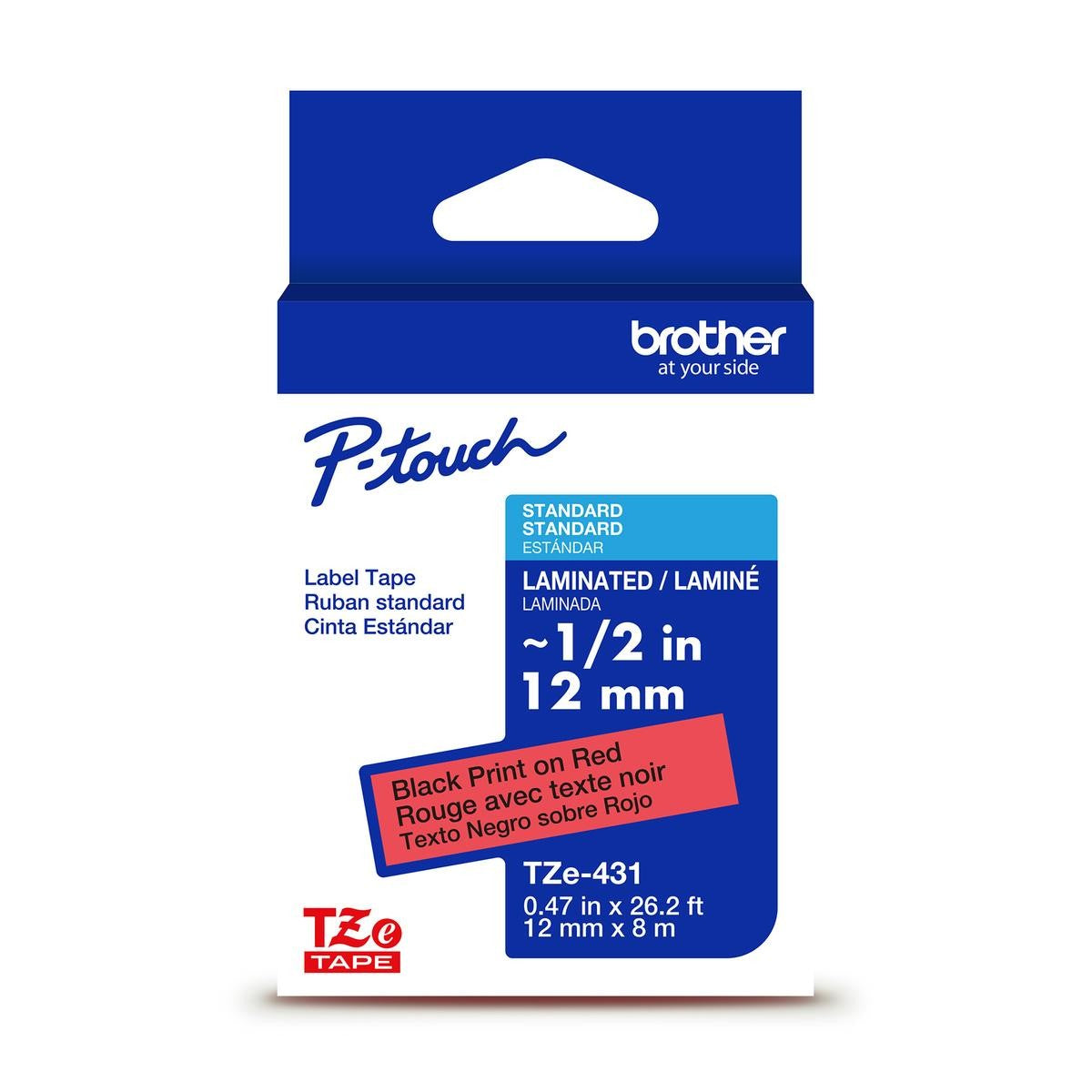 Brother P-touch TZe-431G laminated label tape — 12 mm, Black on Red