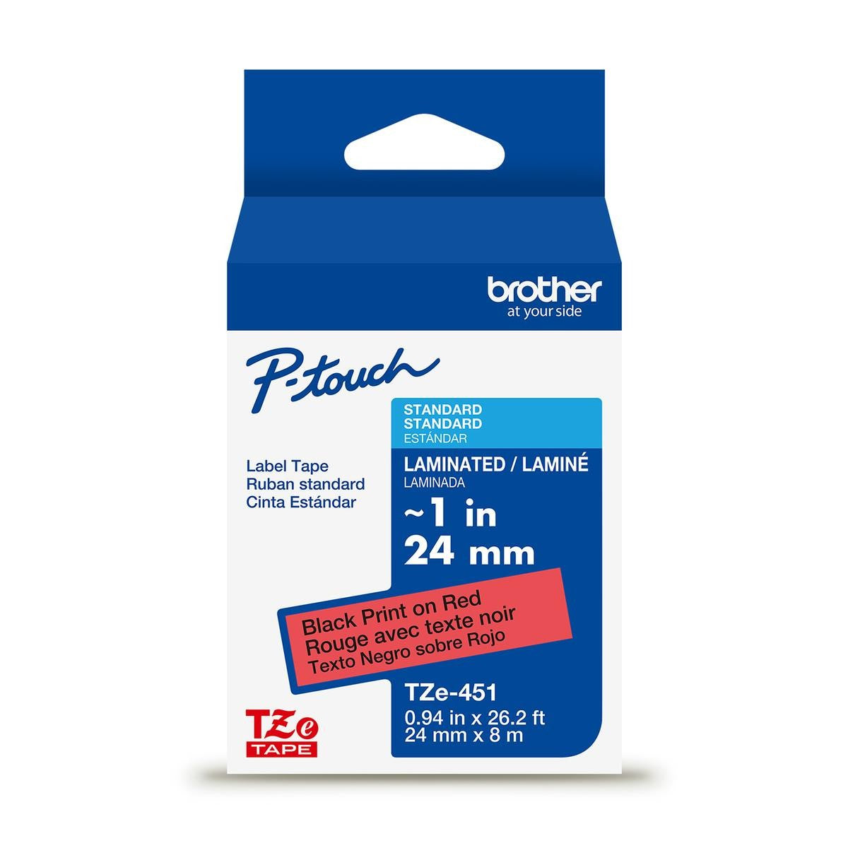 Brother P-touch TZe-451G laminated label tape — 24 mm, Black on Red