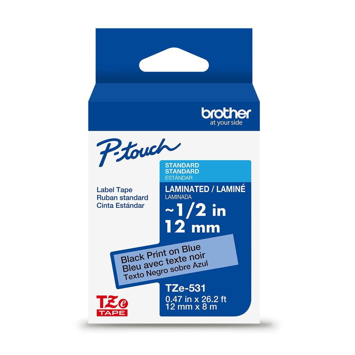 Brother P-touch TZe-531G laminated label tape — 12 mm, Black on Blue
