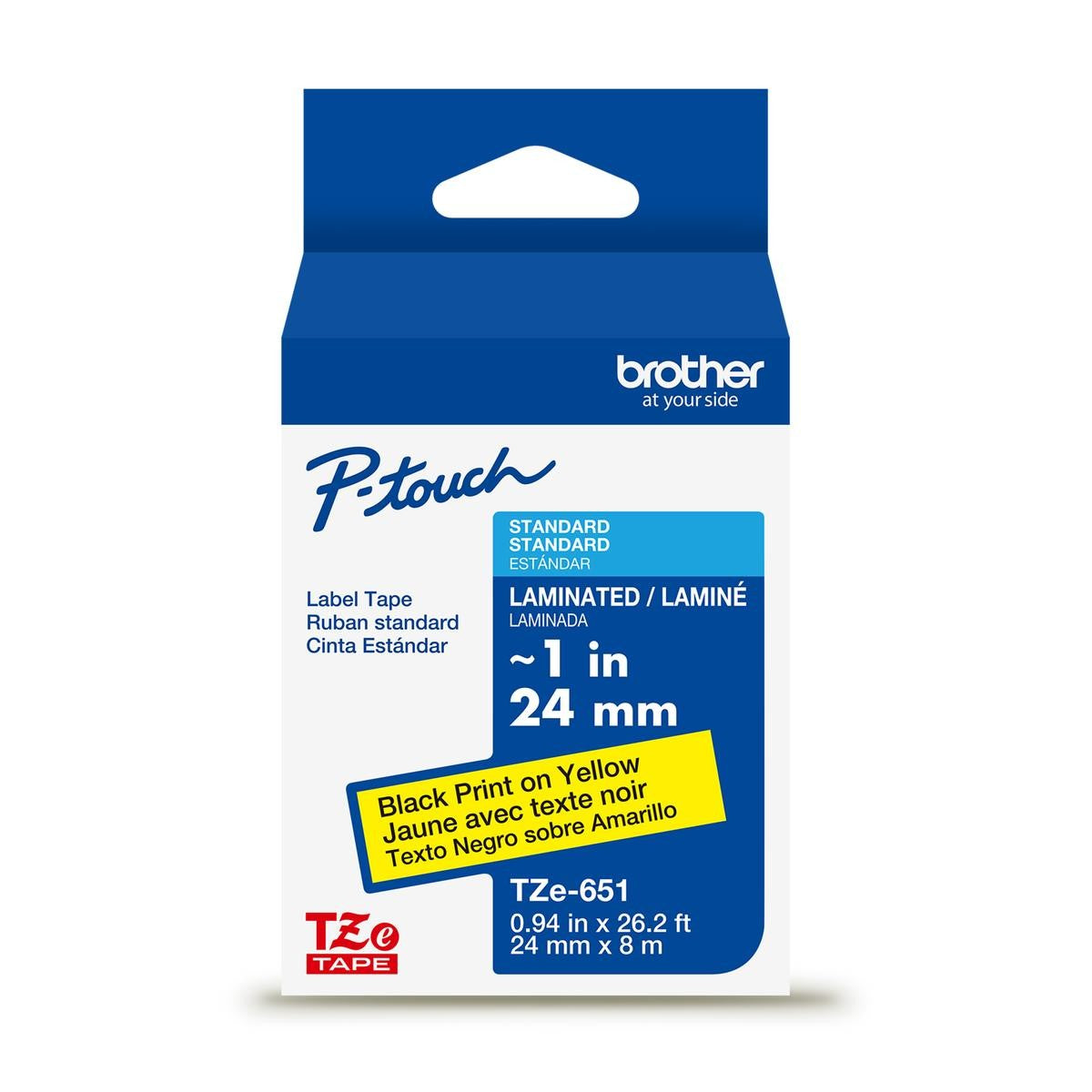 Brother P-touch TZe-651G laminated label tape — 24 mm, Black on Yellow