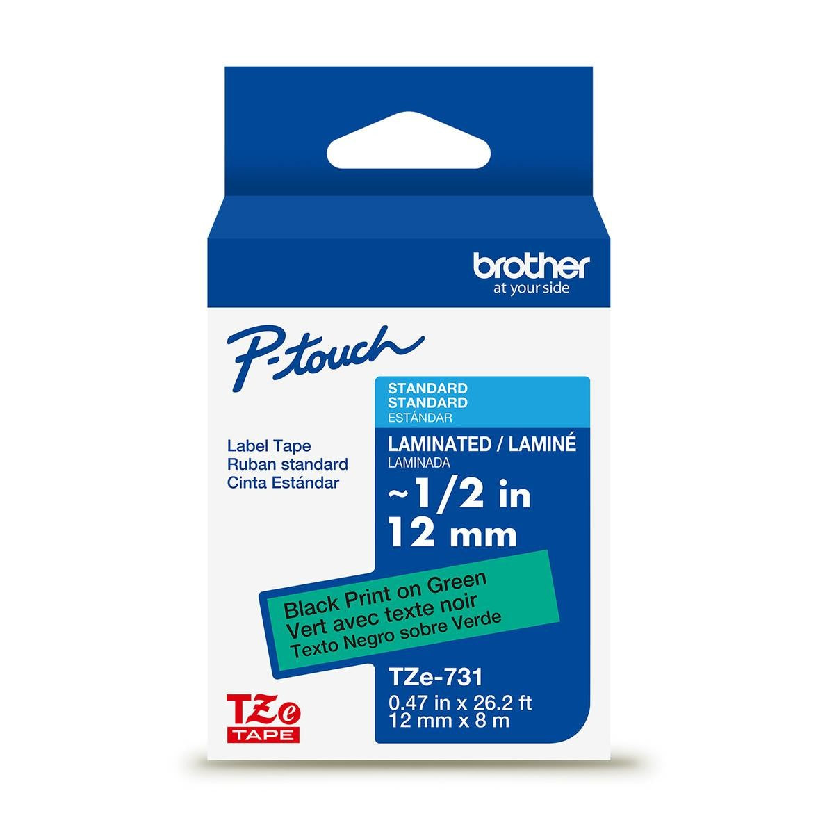 Brother P-touch TZe-731G laminated label tape — 12 mm, Black on Green