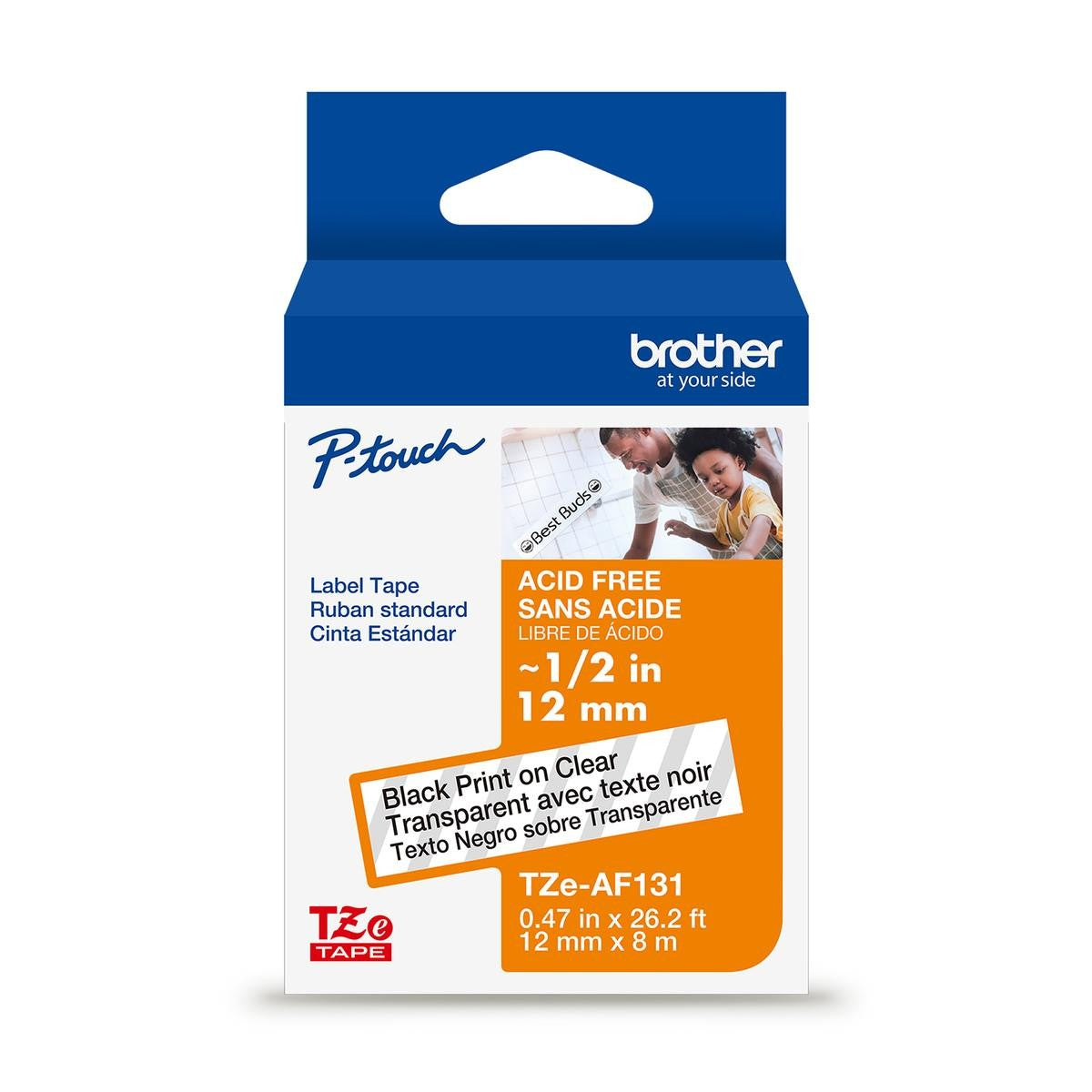 Brother Genuine Tze-AF131G Black on Clear Acid-Free Tape for TZe-compatible P-touch Label Makers, 12 mm w x 8 m l