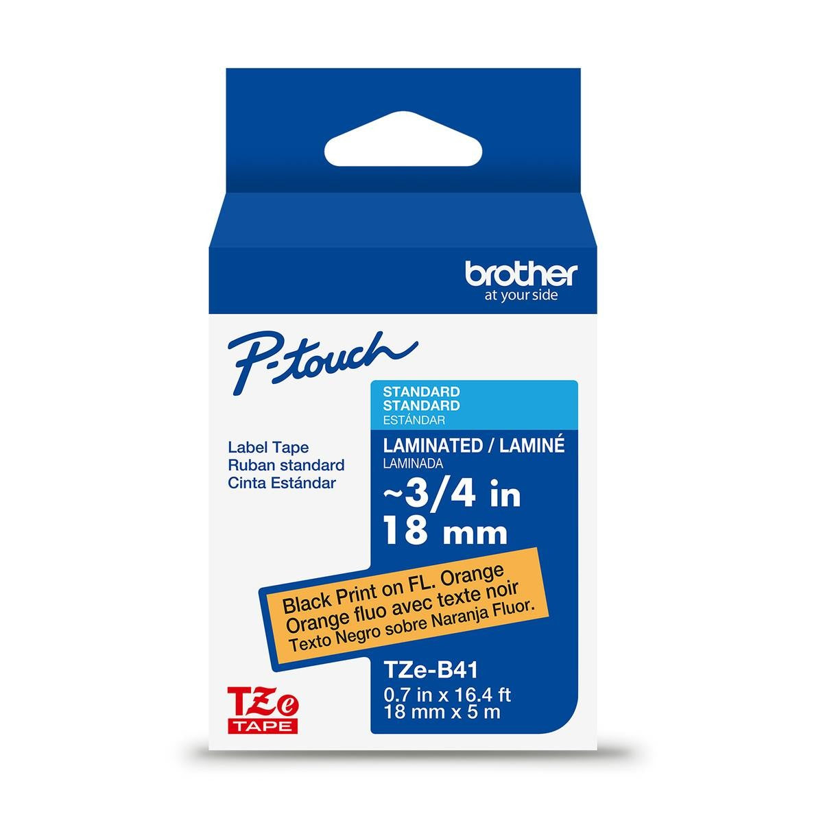 Brother P-touch TZe-B41G laminated label tape — 18 mm, Black on Fluorescent Orange