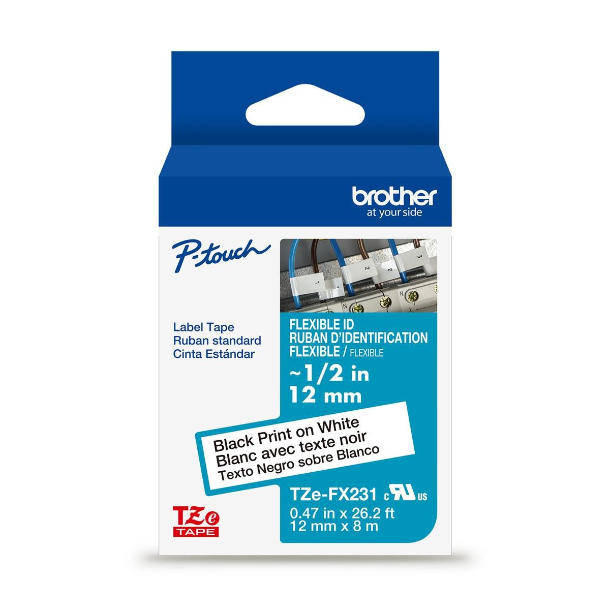 Brother Genuine TZe-FX231G Black on White Flexible ID Laminated Tape for TZe-compatible P-touch Label Makers, 12 mm w x 8 m l