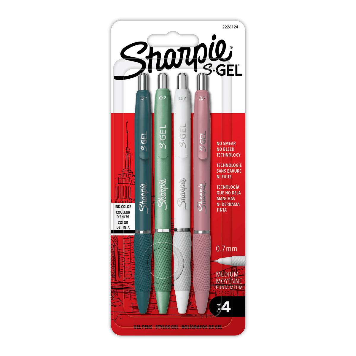 Sharpie S-Gel gel pens 4-pack, assorted bold colour barrels, black ink, 0.7 mm