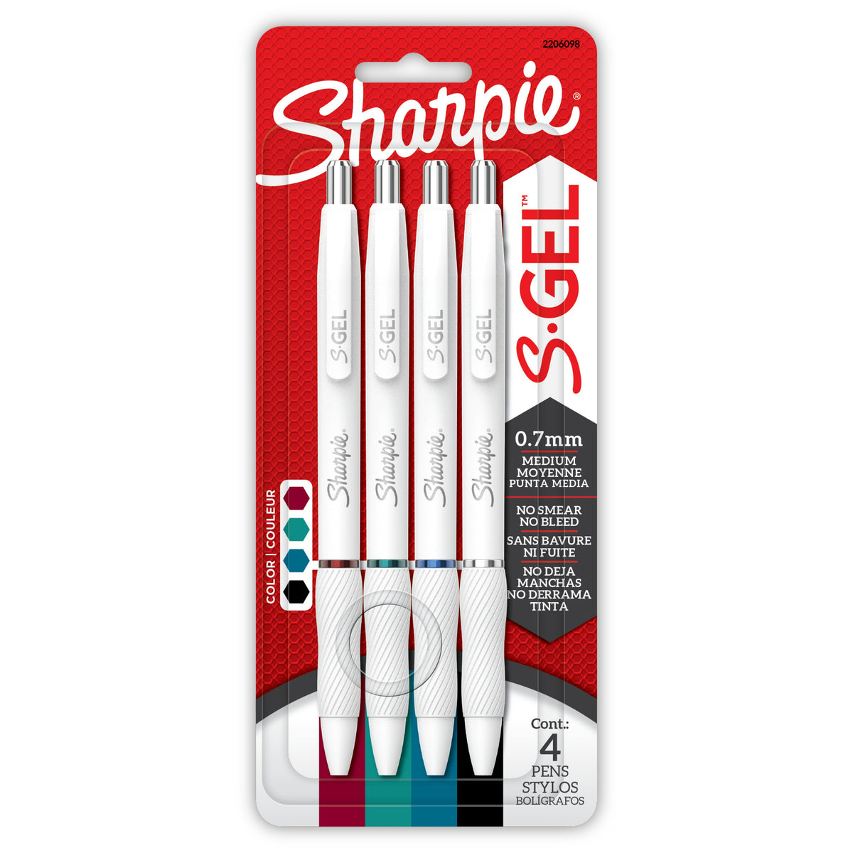 Sharpie S-Gel gel pens 4-pack, Pearl White barrel, Classic ink colours, 0.7 mm