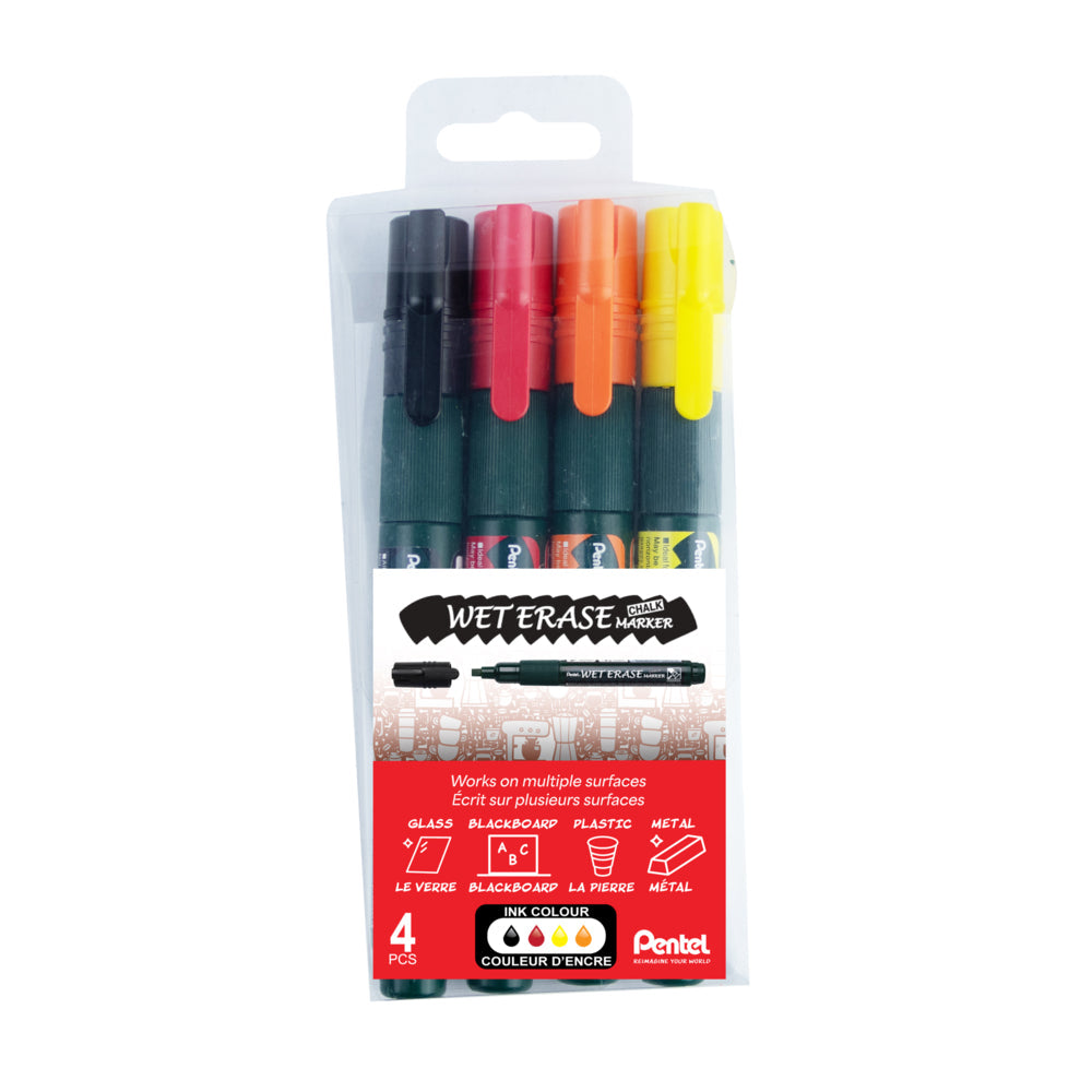 Pentel Wet Erase Chalk Markers — Warm Colours 4-Pack (Black, Red, Orange, Yellow)