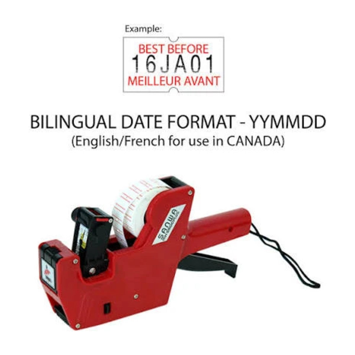Best Before labels: bilingual YYMMDD date format, shown in a pricing gun