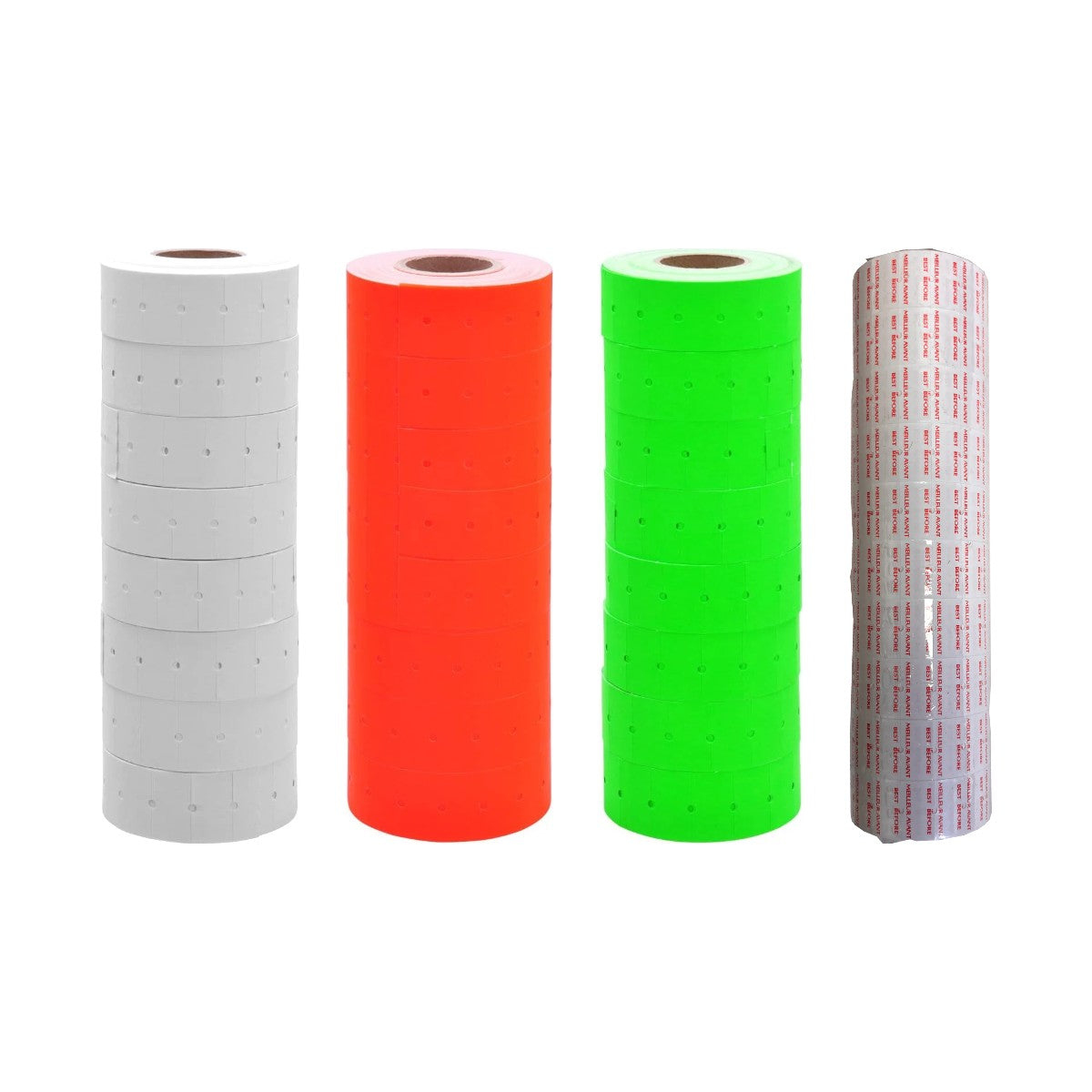 Celamark pricing gun labels in white, fluorescent red, fluorescent green and Best Before