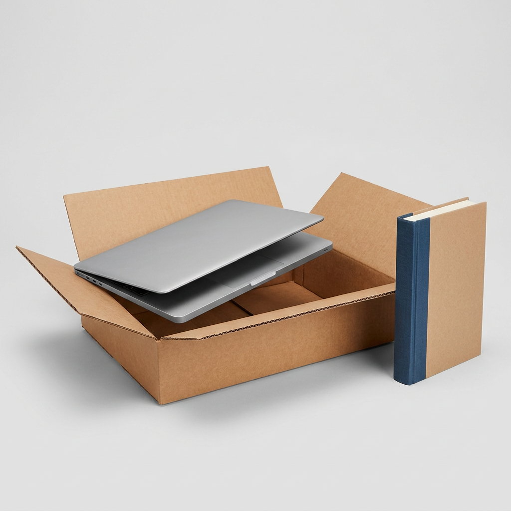 Mitchel Lincoln corrugated cardboard shipping box, 16.25 x 11 x 3.25 in, shown with a laptop and book for scale