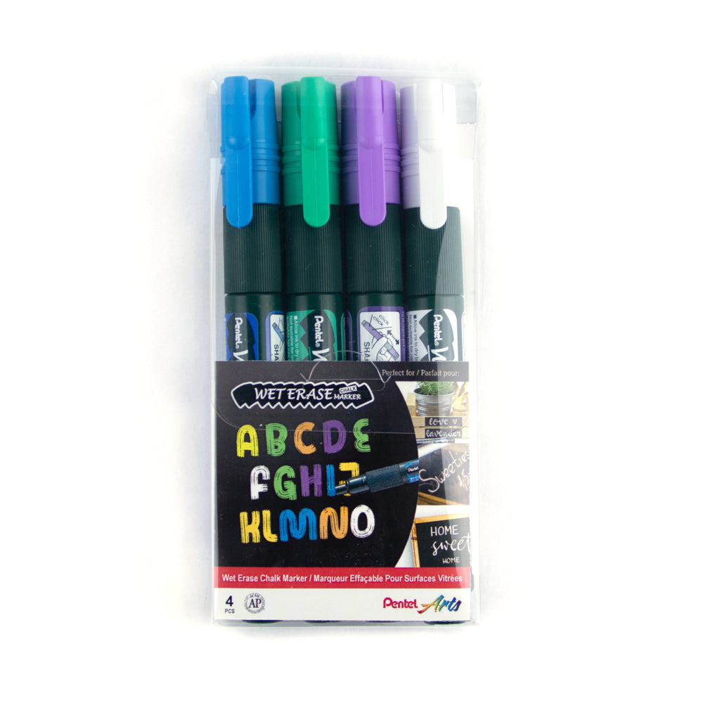 Pentel Wet Erase Chalk Markers — Cool Colours 4-Pack (White, Green, Blue, Violet)
