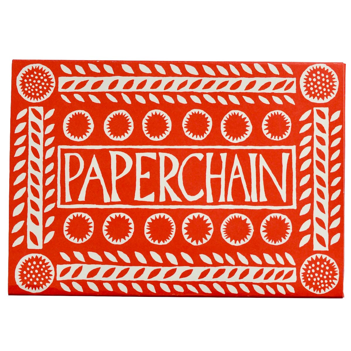 Front of the red Cambridge Imprint Paperchain card wallet with cream decorative motifs