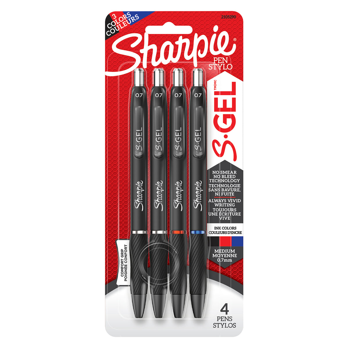 Sharpie S-Gel gel pens 4-pack, 0.7 mm medium, assorted ink colours
