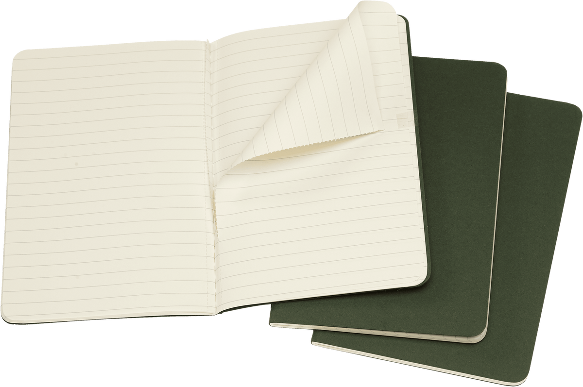 Moleskine Cahier Journal 3-Pack, Pocket, Ruled — Myrtle Green, open interior view
