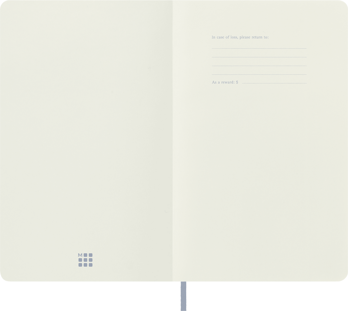 Moleskine Classic Notebook, Soft Cover, Large, Plain — Hydrangea Blue, open/interior